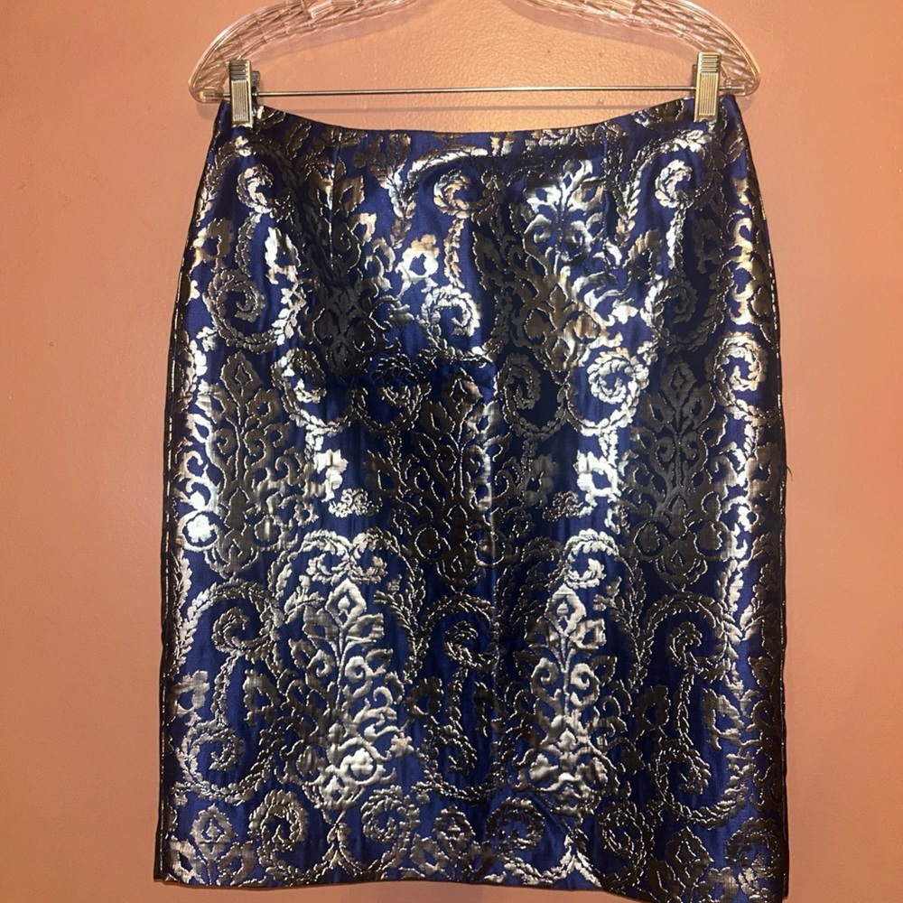 SUNNY LEIGH size 8 Cobalt Blue & Metallic Silver Jacquard Straight Skirt